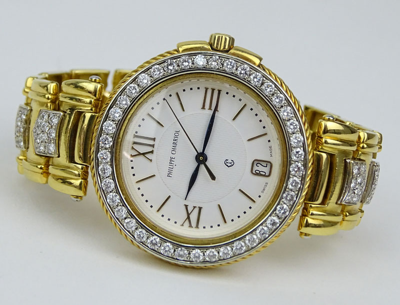 Philippe Charriol Approx. 4.0 Carat Round Brilliant Cut Diamond and 18 Karat Yellow Gold Bracelet Watch with Quartz Movement.