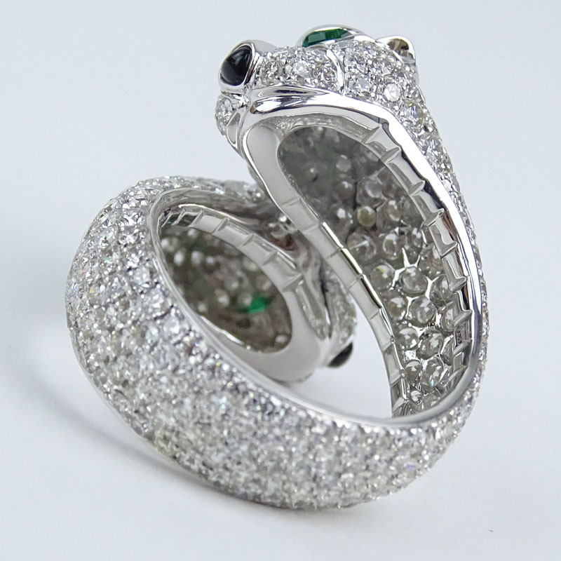 Cartier style Approx. 6.08 Carat Micro Pave Set Round Brilliant Cut Diamond and 18 Karat White Gold Panther Ring with Emerald Eye Accents.