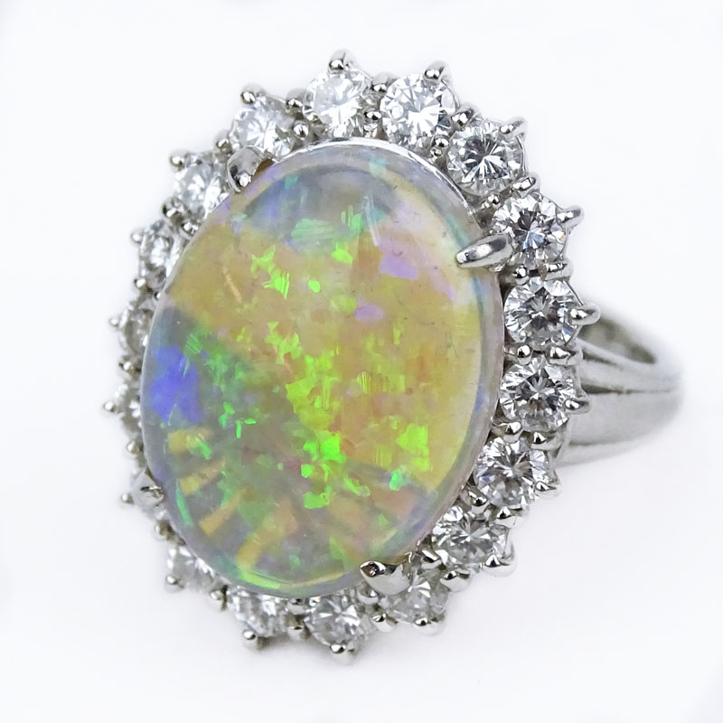 Vintage Oval Cabochon Opal, Diamond and Platinum Ring. 