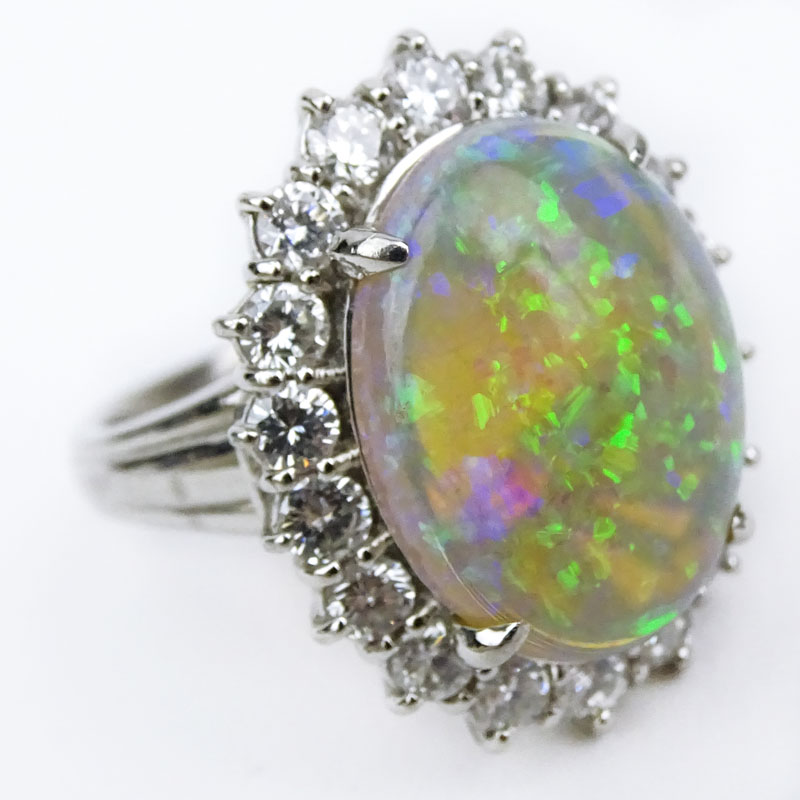 Vintage Oval Cabochon Opal, Diamond and Platinum Ring. 