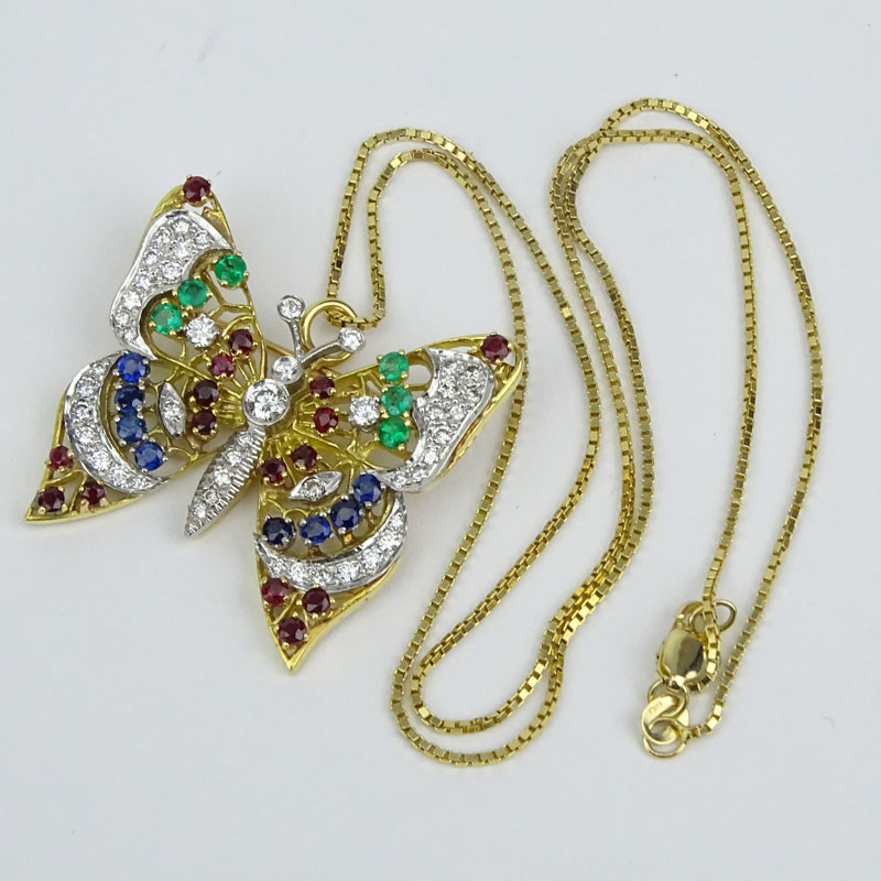 Vintage Diamond, Multi Gemstone and 18 Karat Yellow Gold Butterfly Pendant / Brooch with 14 Karat Yellow Gold Chain. 