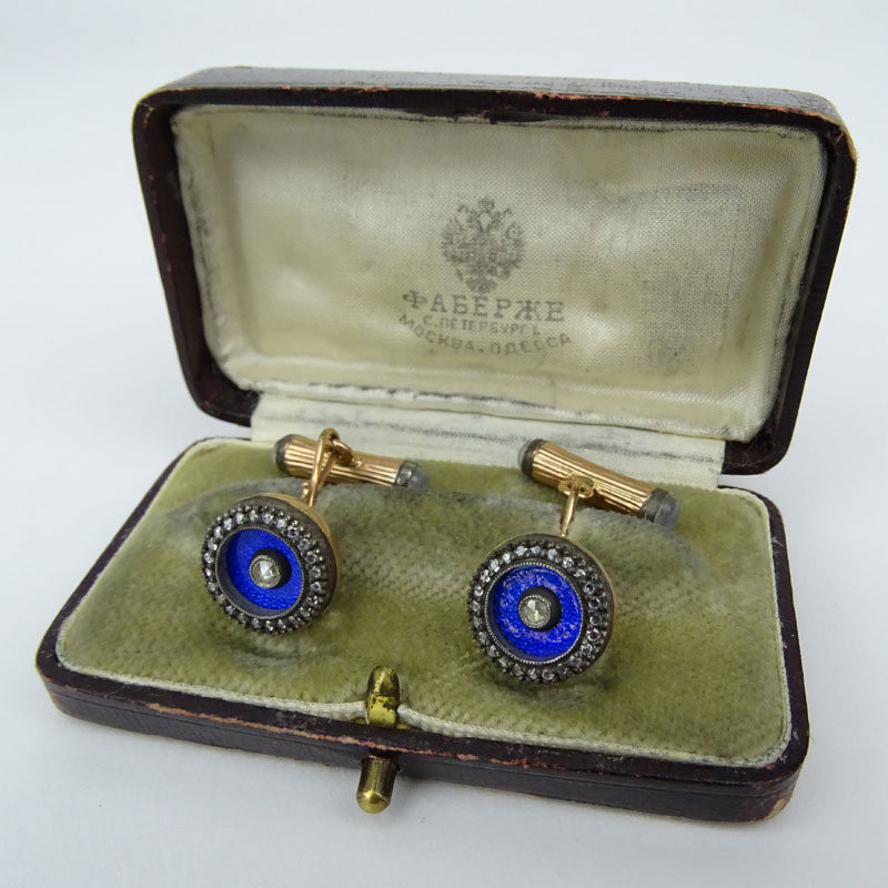 Antique Russian Faberge Rose Cut Diamond, Cabochon Moonstone, Enamel and 14 Karat Rose Gold Cufflinks in Fitted Box signed ???????. 