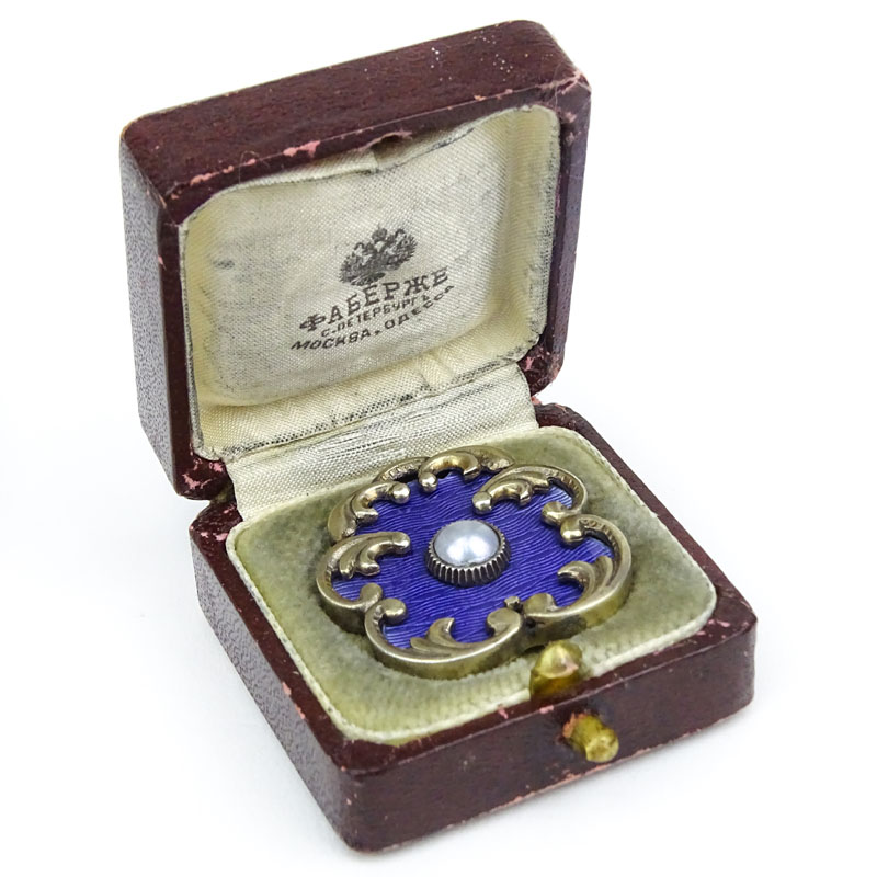 Antique Russian Faberge Pearl, Guilloche Enamel and 84 Silver Pin in Fitted Box Signed ???????. Stamped ???????, 84, H.W.