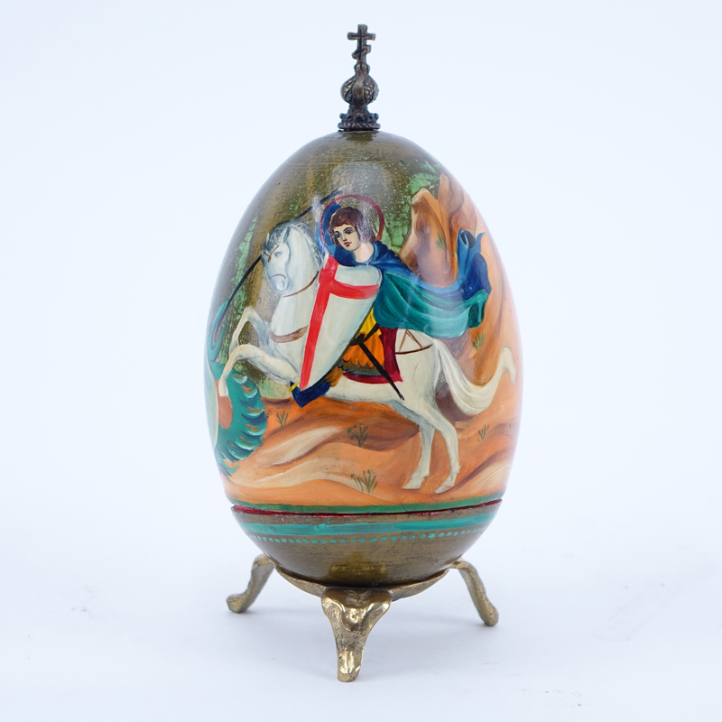 Russian Lacquer Wood Egg on Brass Stand with Bronze Icon. Scene of St. George and dragon.