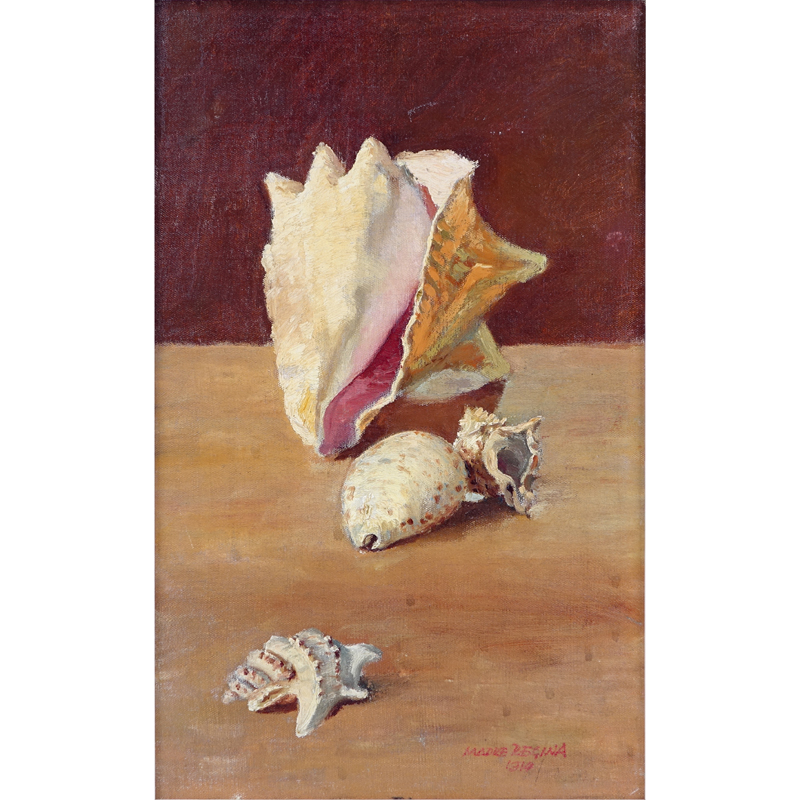 Italian School Oil On Canvas Glued To Wood Panel "Still Life Of Shells" Signed and dated Madre Regina 1910. 