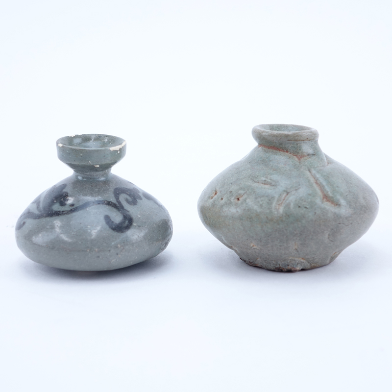 Two (2) Chinese Goryeo Dynasty, 12th - 14th Century Celadon Glazed Oil Bottles.