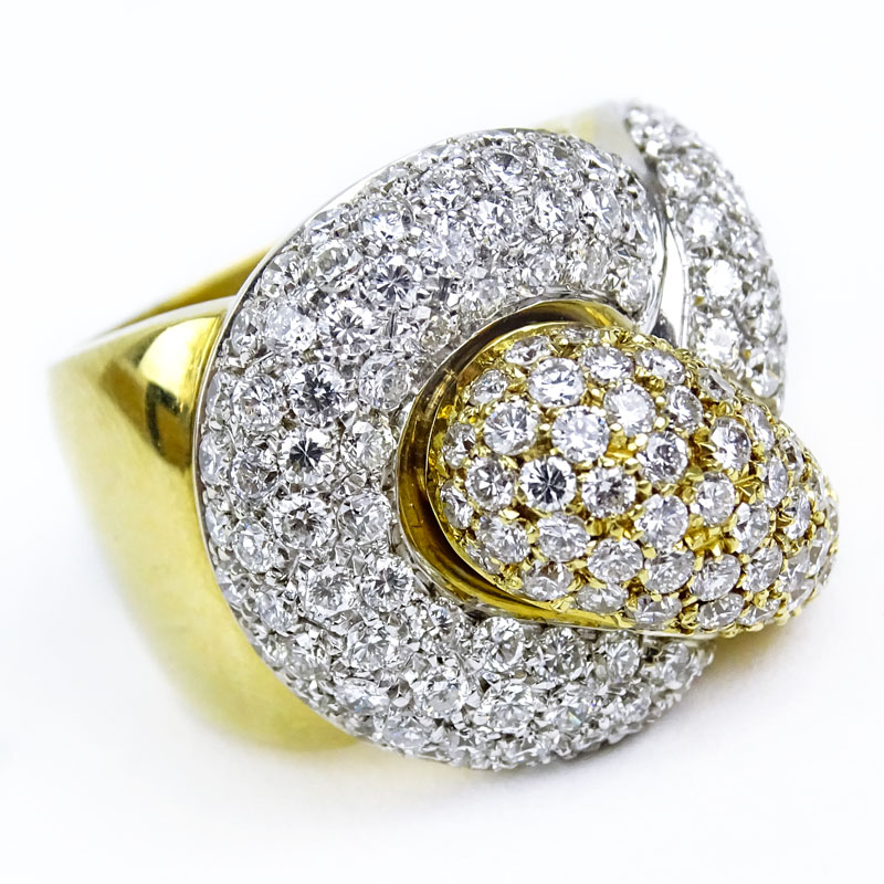 Approx. 3.75 Carat Pave Set Round Brilliant Cut Diamond and 18 Karat Yellow and White Gold Knot Ring.