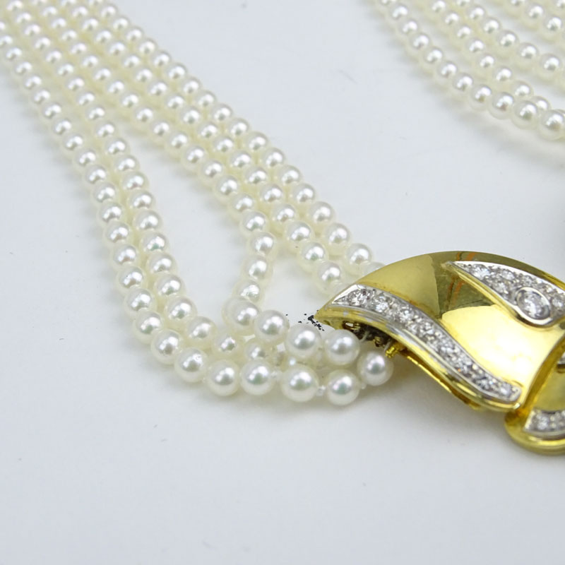 Vintage Round Brilliant Cut Diamond, 18 Karat Yellow Gold and Five (5) Strand Pearl Pendant Necklace. 