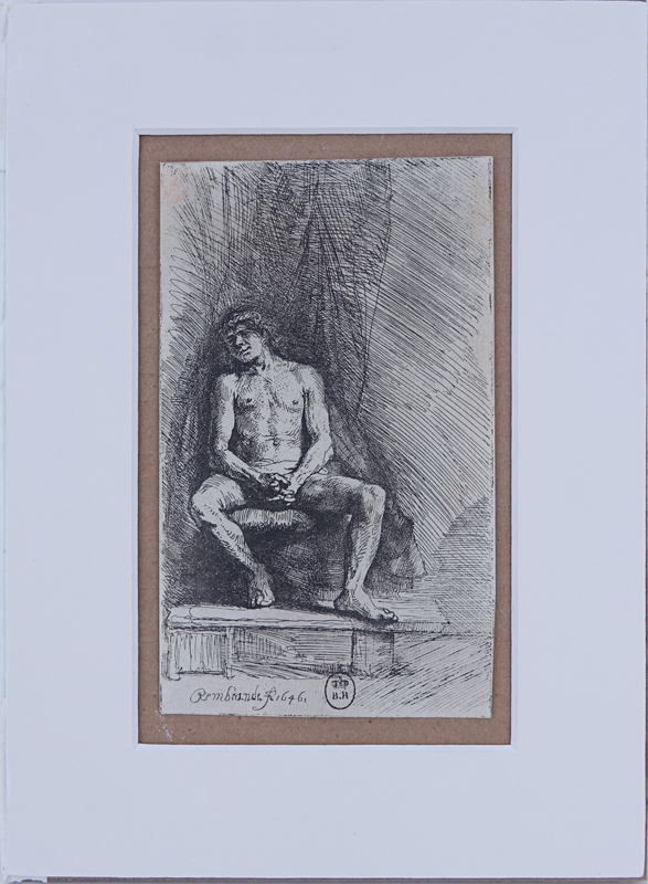 After: Rembrandt Van Rijn, Dutch (1606 - 1669) Posthumous impression etching "Nude Man Seated Before A Curtain"