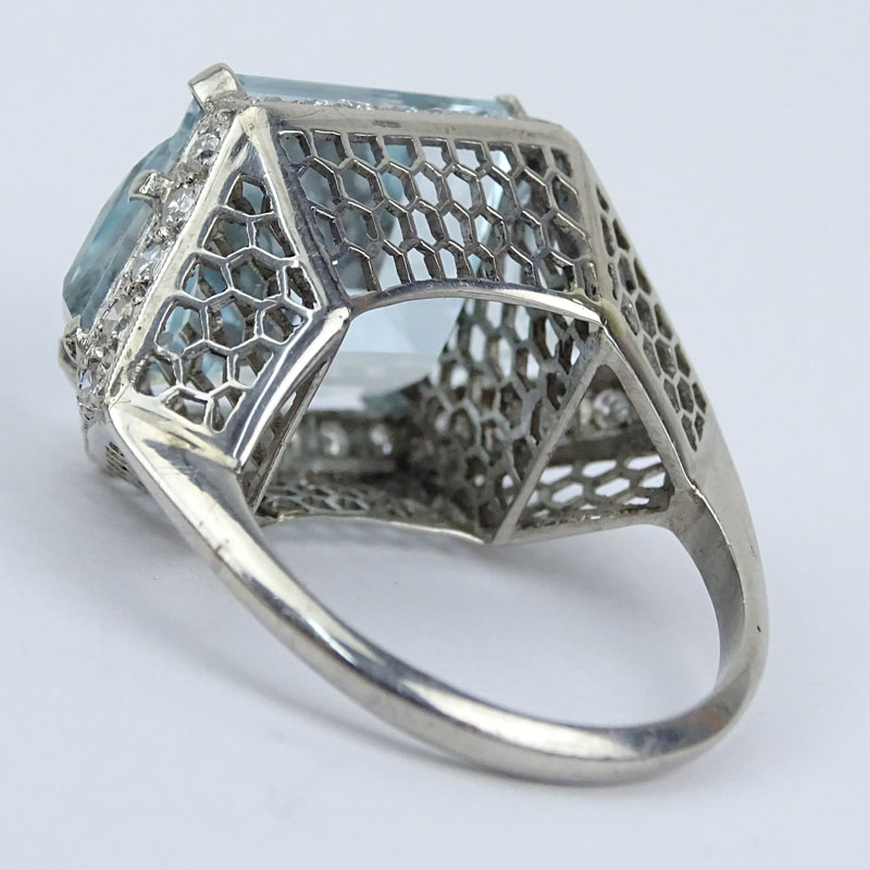 30.0 Carat Square and Trillion Cut Aquamarine, 1.50 Carat Diamond and Platinum Ring
