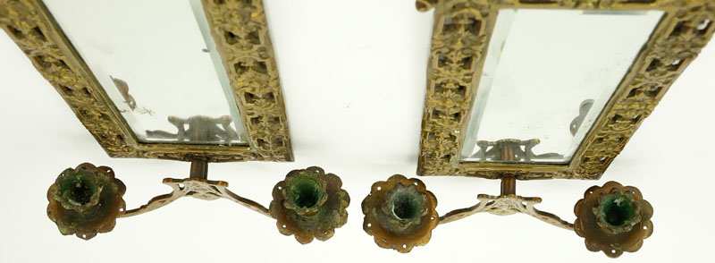 Pair of Empire Style Gilt Brass Mirrored Two Arm Wall Sconces