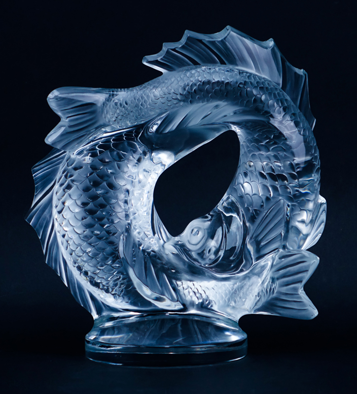 Large Lalique Crystal Deux Poisson (Two Fish) Sculpture