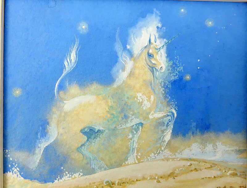 Ruth Ray, American (1919 - 1977) " Wild Unicorn " Watercolor and Gouche on Paper, Signed and Dated 1974