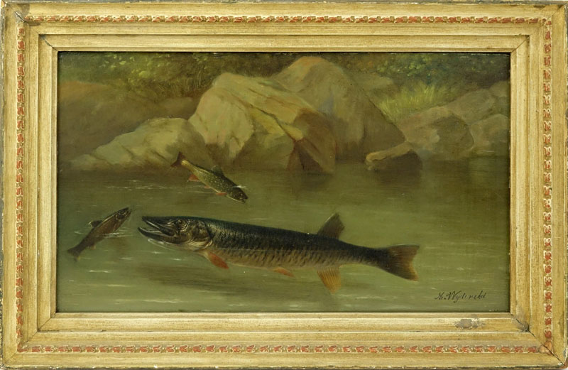 Arnoud Wydeveld, New York/Netherlands (1823 - 1888) Oil on panel "Salmon In River"