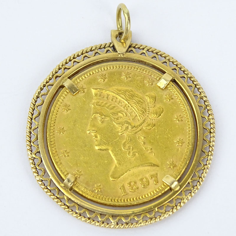 US 1897 Coronet $10 Gold Coin and 18 Karat Yellow Gold Pendant