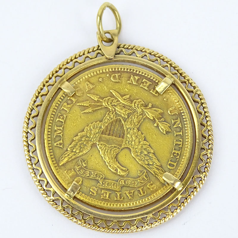 US 1897 Coronet $10 Gold Coin and 18 Karat Yellow Gold Pendant