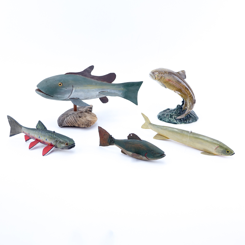 Lot of Four (4) Carved and Handpainted Wood Fish Decoys and a Beswick Porcelain Trout Figure