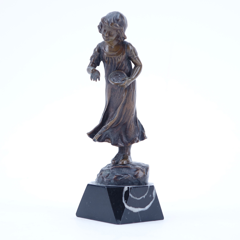Art Nouveau Style Bronze Sculpture of a Young Girl Mounted on Marble Base