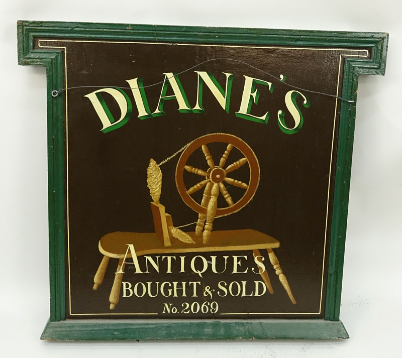 Early 20th Century "Diane's Antiques" Hand Painted Double Sided Advertising Sign