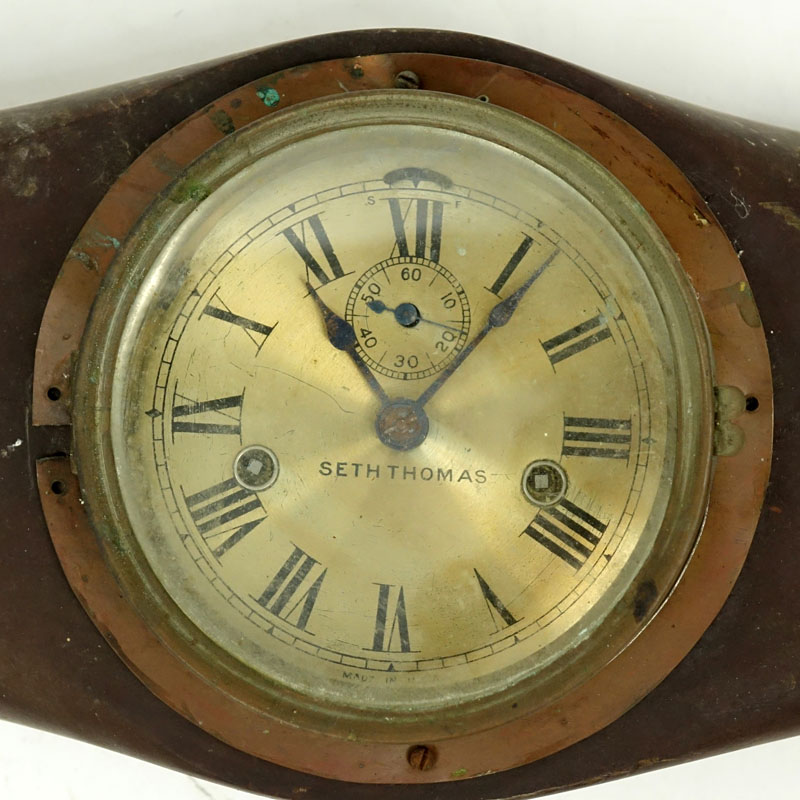 Antique Seth Thomas Ship's Clock affixed to Large Wooden and Metal Mounted Plane Propeller
