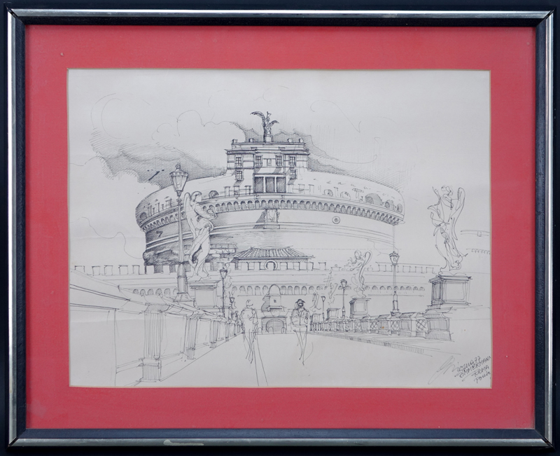 20th Century Lithograph of Castel Sant' Angelo Signed Zimmermann Lower Right
