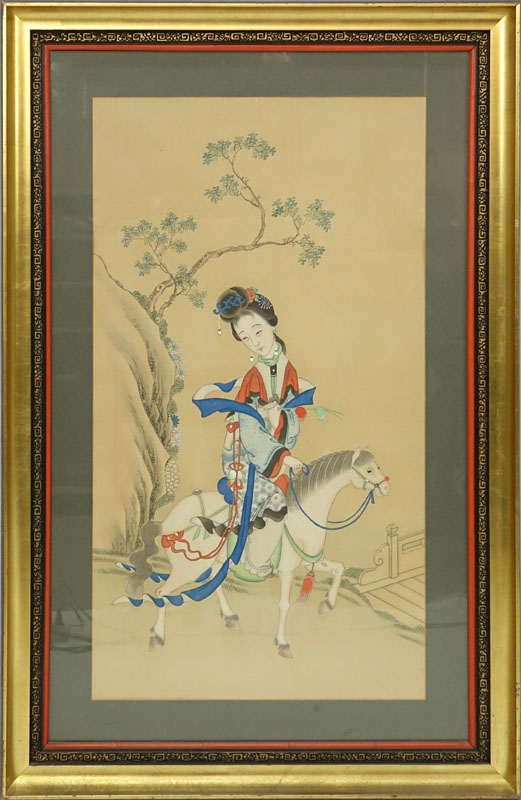 Vintage Chinese Painting On Silk "Girl On Horse"