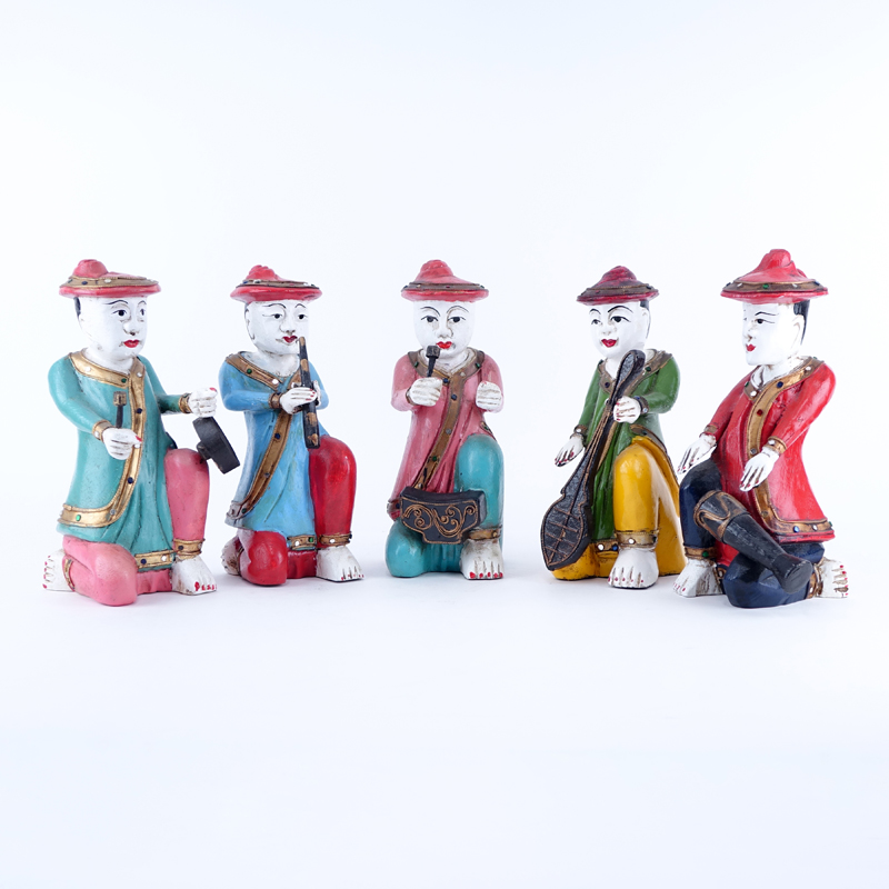 Collection of Five (5) Vintage Thai Hand Painted Wood  Seated Musicians