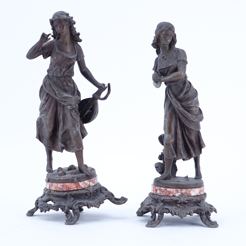 Pair of After: Emile Carlier, French (1827 - 1879) White Metal Sculptures, Two Young Women, on Marble and White Metal Base