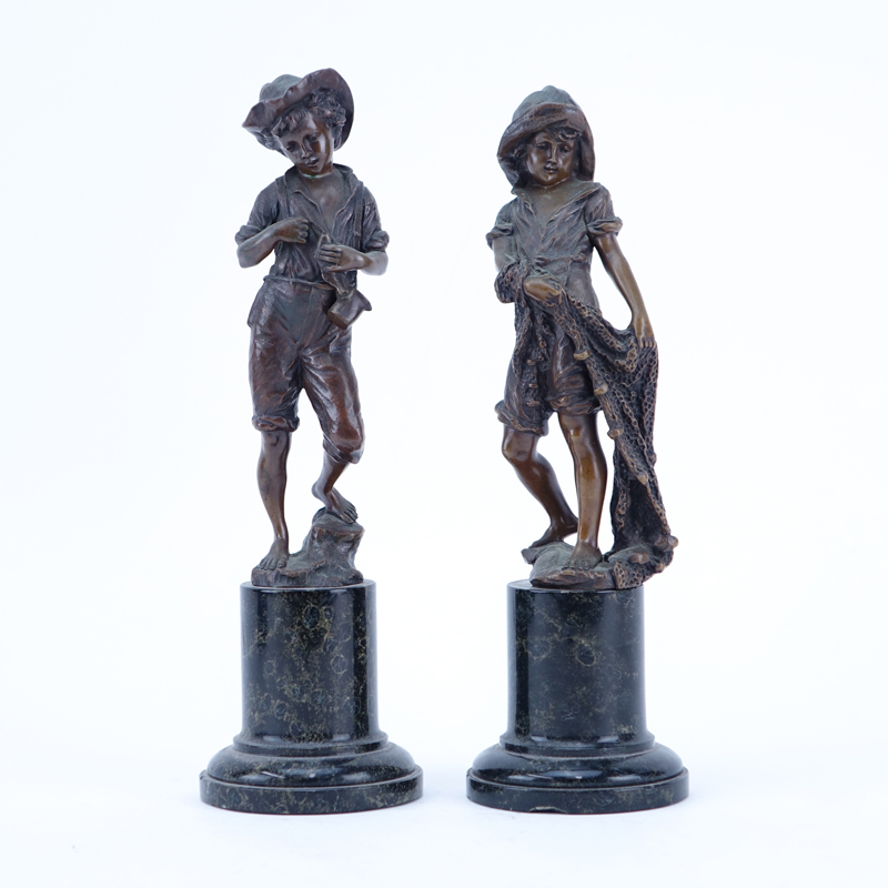 Pair of Antique Bronze Sculptures of a Young Boy and Girl on Marble Bases