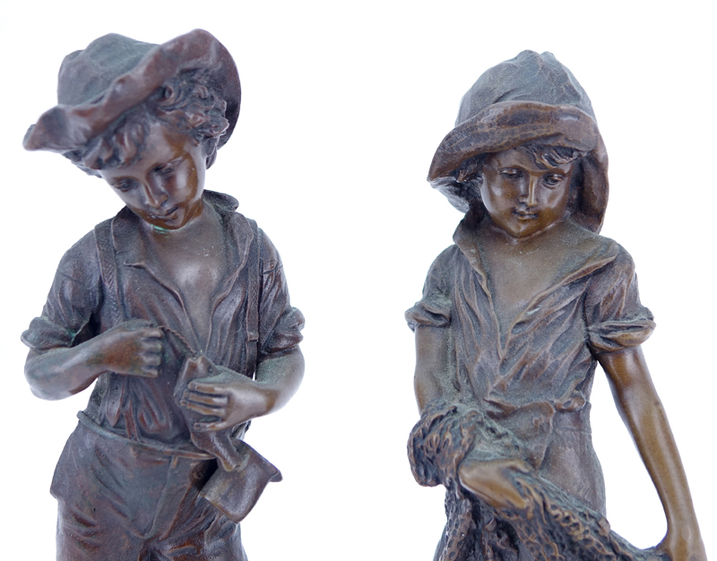 Pair of Antique Bronze Sculptures of a Young Boy and Girl on Marble Bases