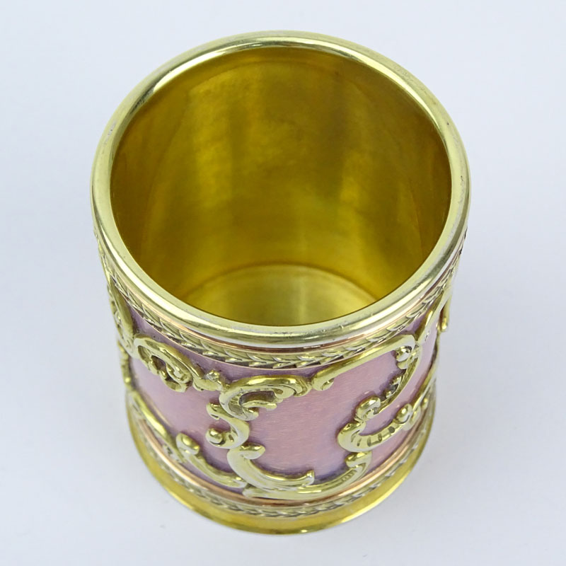 Russian Faberge 88 Silver and Very Rare Pink Opalescent Guilloche Enamel Vodka Cup with Rococo Design Overlay