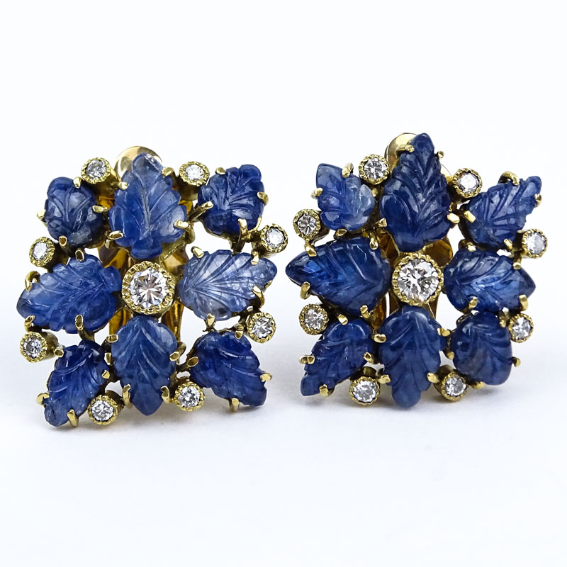 10.0 Carat Carved Sapphire, 2.0 Carat Round Brilliant Cut Diamond and 18 Karat Yellow Gold Clip Earrings.