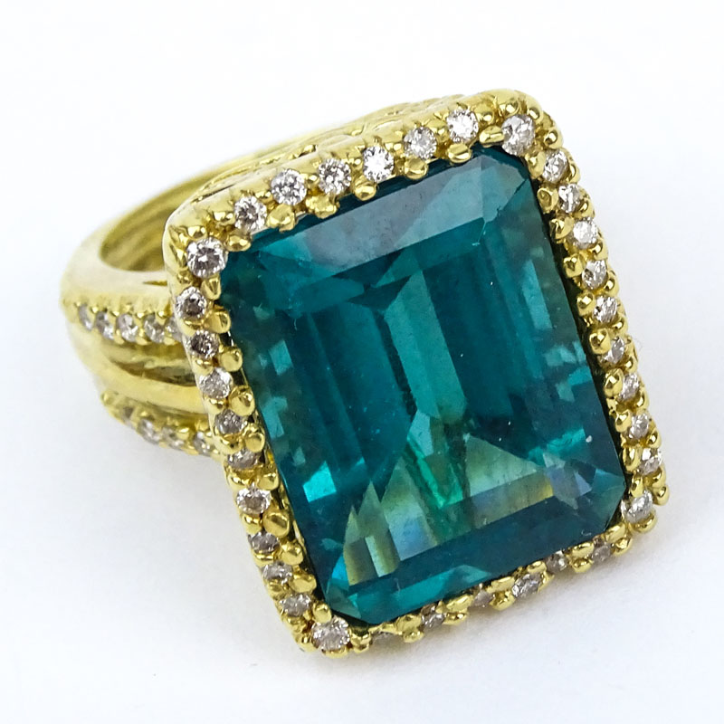  18.0 Carat Emerald Cut Brazilian Paraiba Apatite, Diamond and 18 Karat Yellow Gold Ring. 