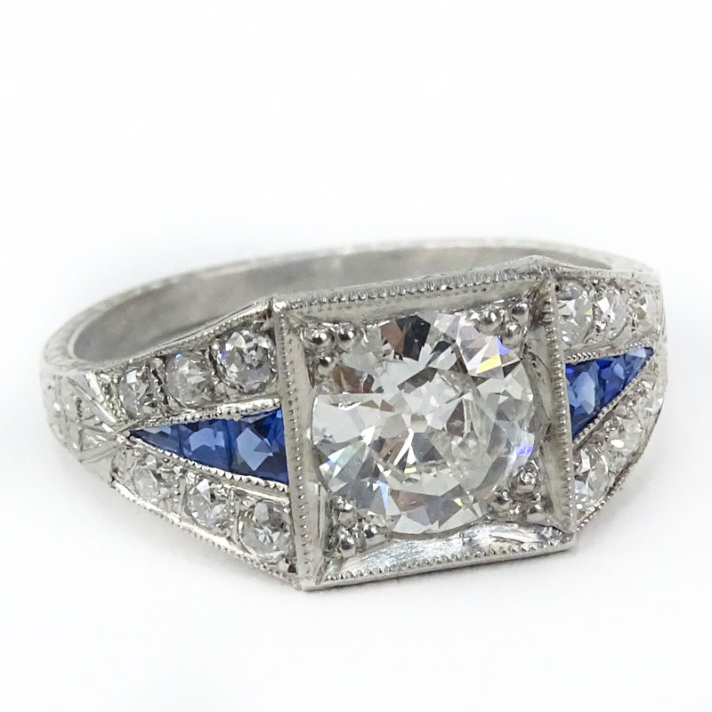 .90 Carat Old European Cut Diamond, Sapphire and Diamond Ring