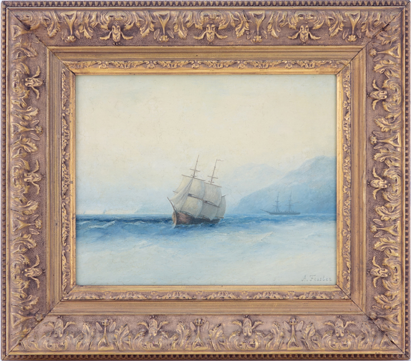 Signed A. Fessler Oil on Artist Board, Ships at Sea. 