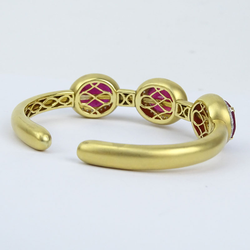 Large Three (3) Oval Cut Ruby, Diamond and 18 Karat Yellow Gold Flexible Cuff Bangle Bracelet