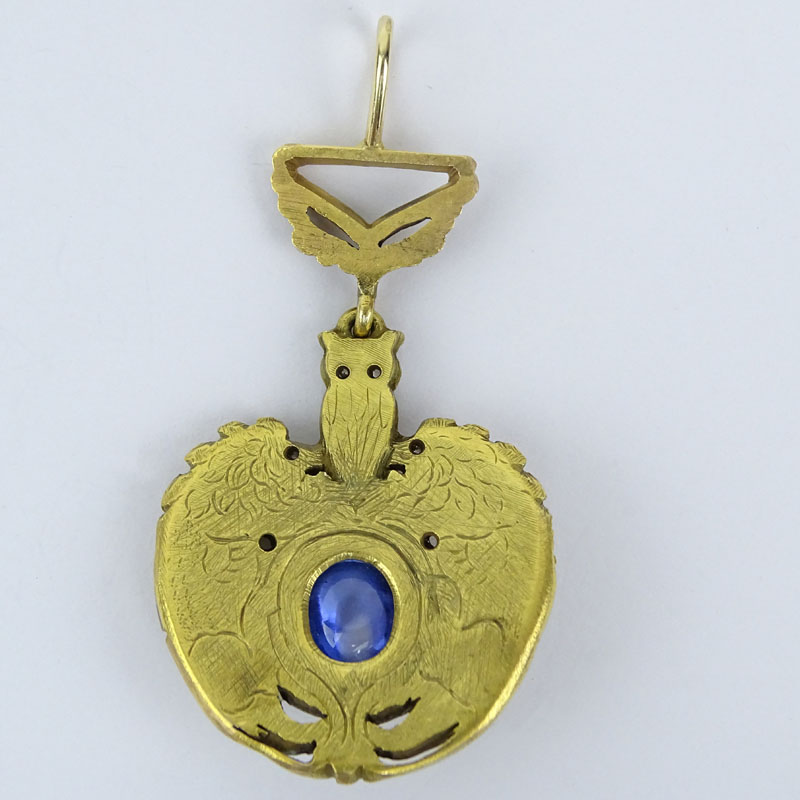 Antique AGL Certified Ceylon Oval Cabochon No Heat Sapphire and Heavy 18 Karat Yellow Gold Watch Fob with Small Old Cut Diamond Accents