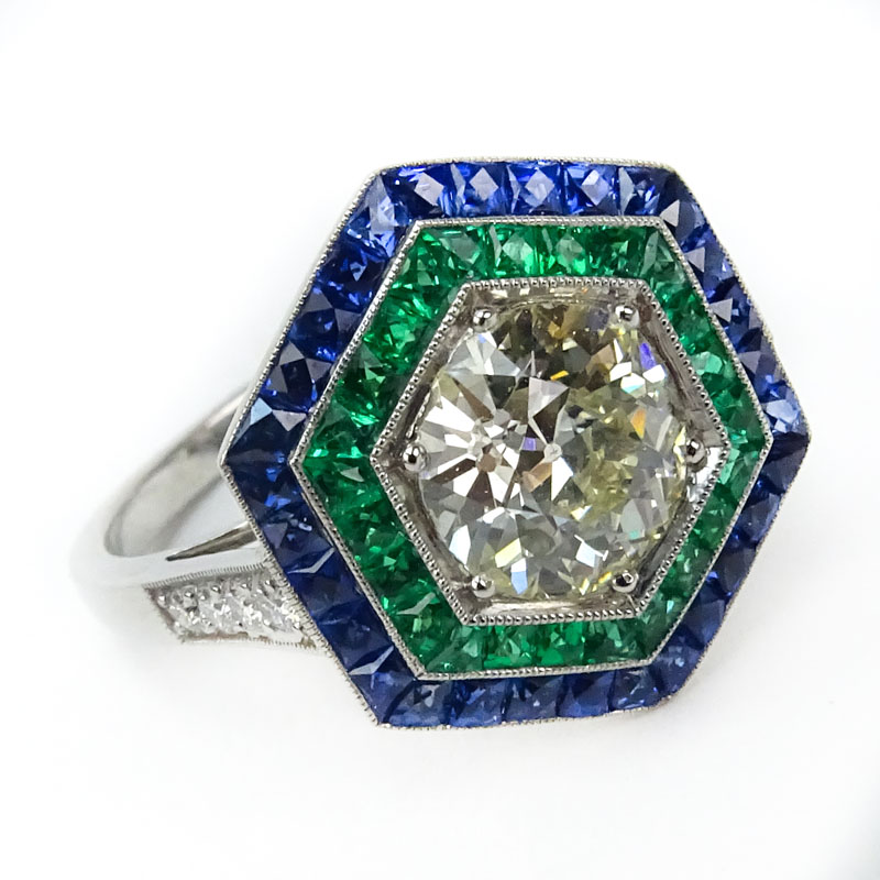 1.50 Carat Old European Cut Diamond, 1.40 Carat Sapphire, .85 Carat Emerald and Platinum Ring