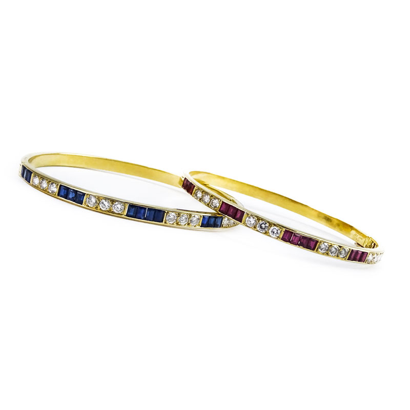 Van Cleef & Arpels Vintage Two (2) 18 Karat Yellow Gold and Diamond Hinged Bangle Bracelets One Set with Rubies the other with Sapphires