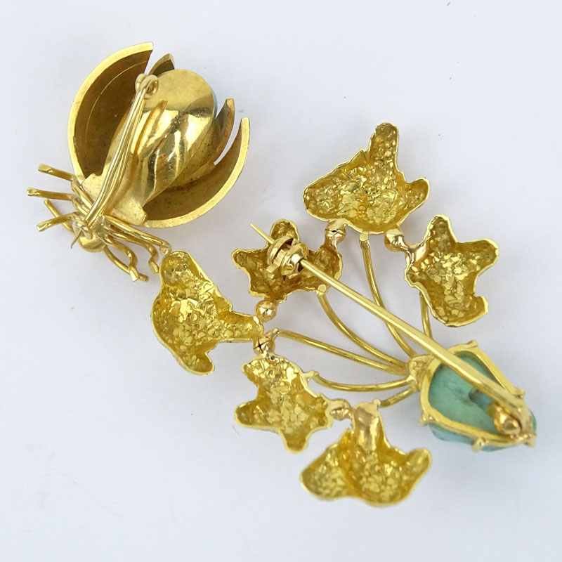 Two Vintage 18 Karat Yellow Gold and Turquoise Brooches