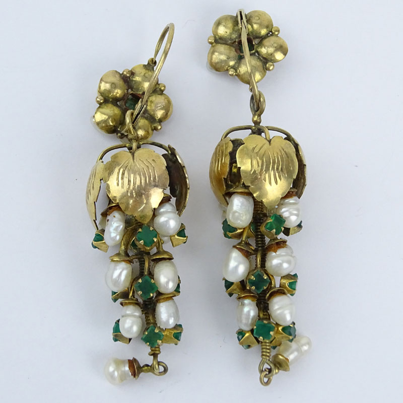 Vintage Emerald, Baroque Pearl and 14 Karat (or less) Yellow Gold Chandelier Earrings