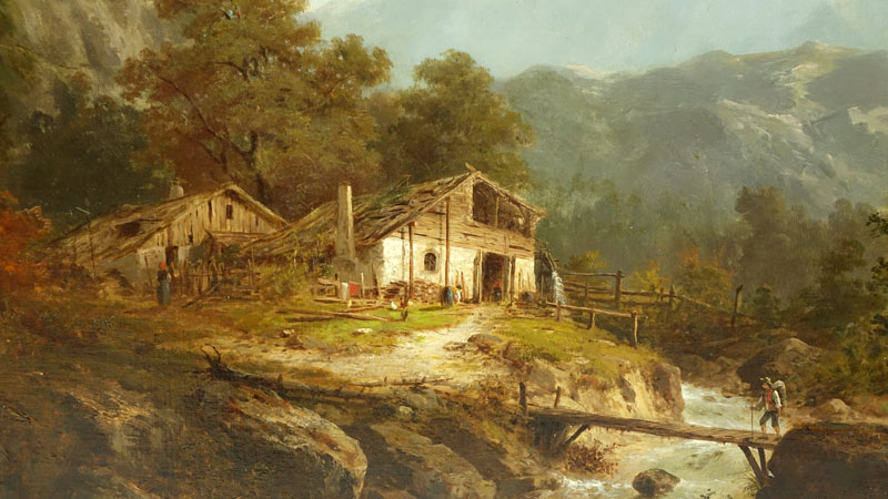 Large European School Oil On Canvas "Mountain Homestead"