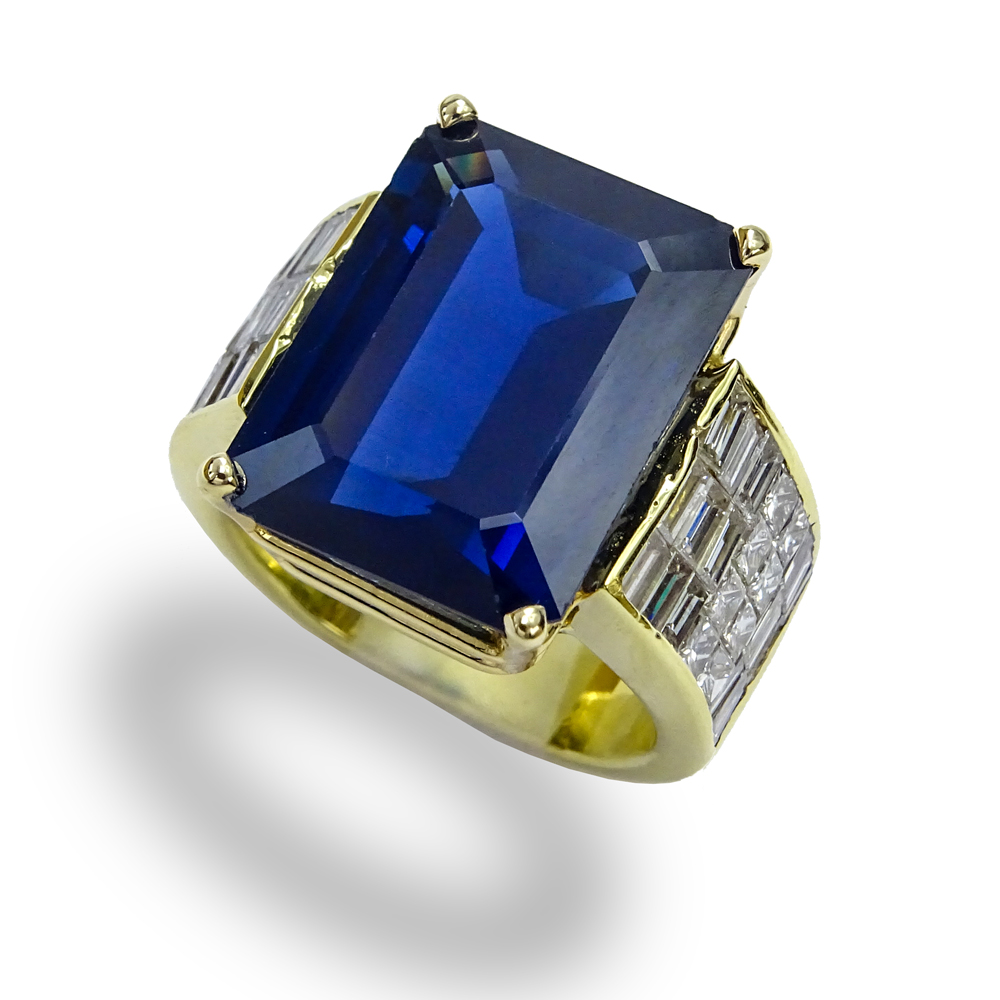 AGL Certified Contemporary  17.25 Carat Emerald Cut Thai Sapphire, Baguette and Square Cut Diamond and 18 Karat Yellow Gold Ring