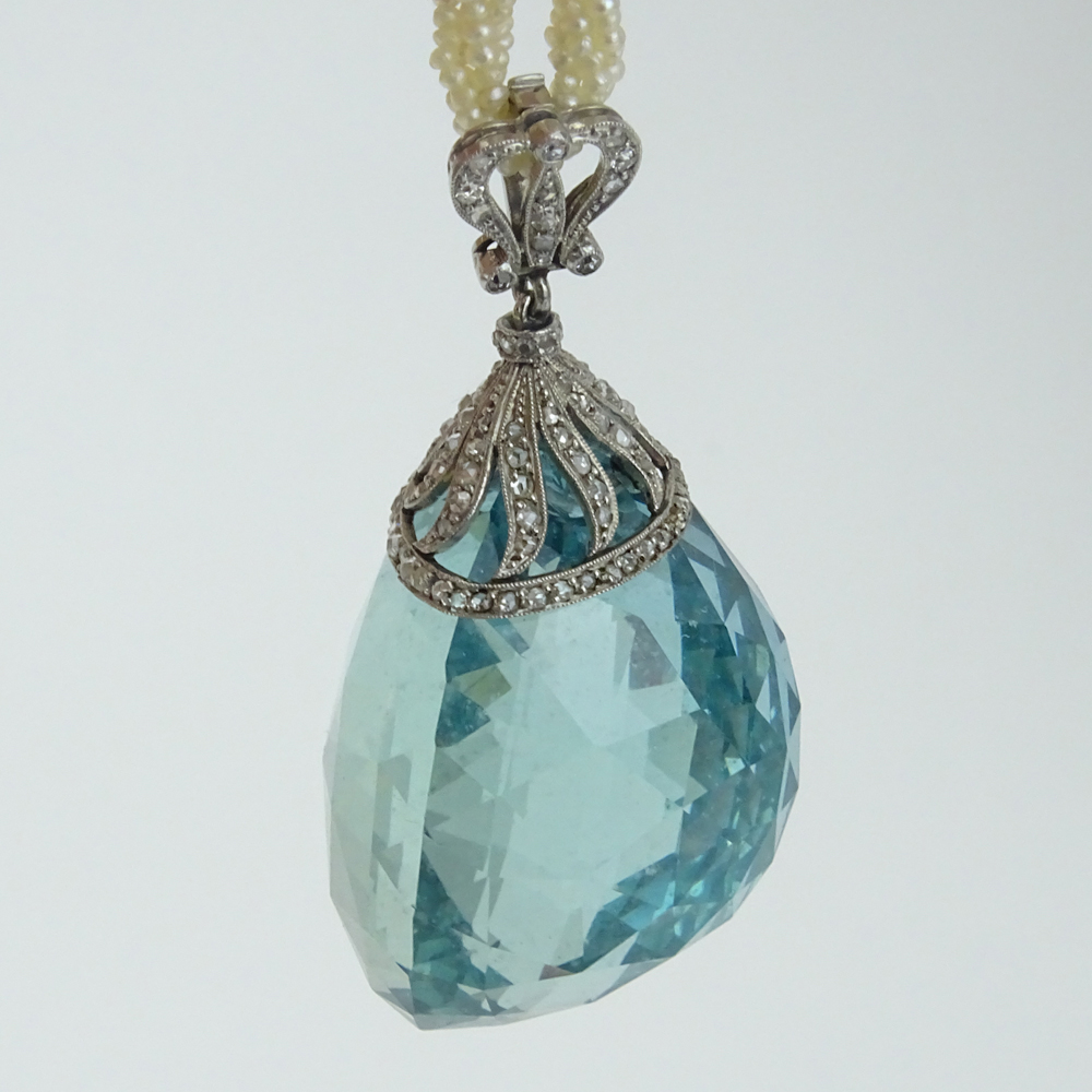  200.0 Carat Ocean Blue Aquamarine, Rose Cut Diamond and Platinum Sautoir Pendant with Twisted Multi Strand Natural Pearl Necklace. 