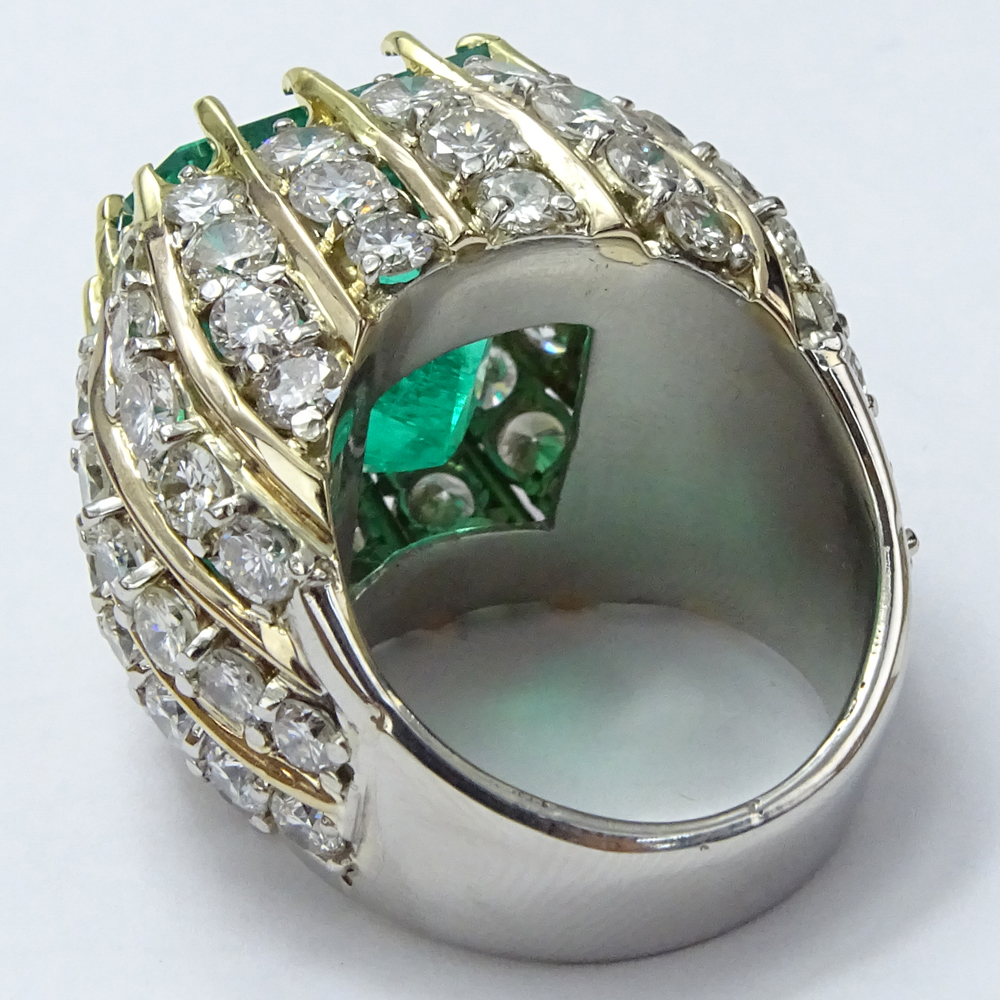18.75 Carat Square Cut Colombian Emerald, 10.0 Carat Round Brilliant Cut Diamond and 18 Karat White and Yellow Gold Bon Bon Ring.