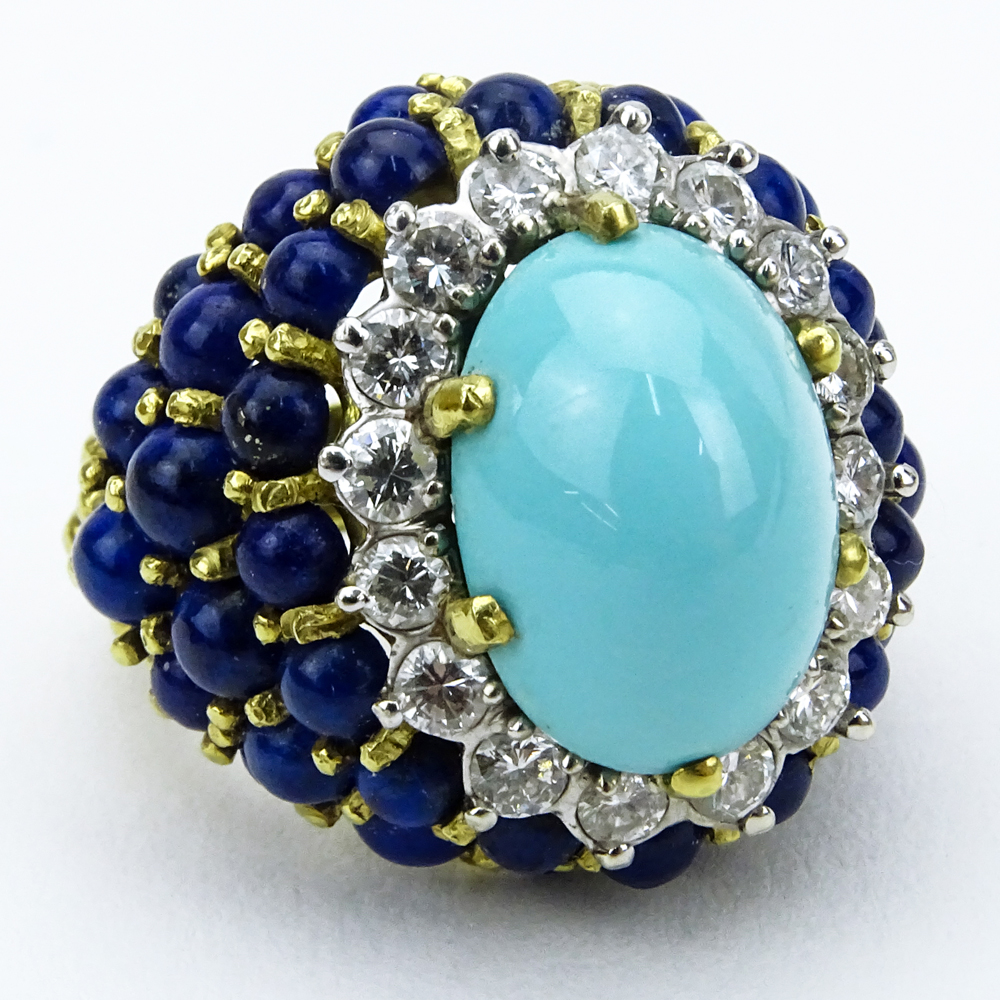 1.15 Carat Round Brilliant Cut Diamond, Persian Turquoise, Lapis Lazuli and 18 Karat Yellow Gold Ring. 