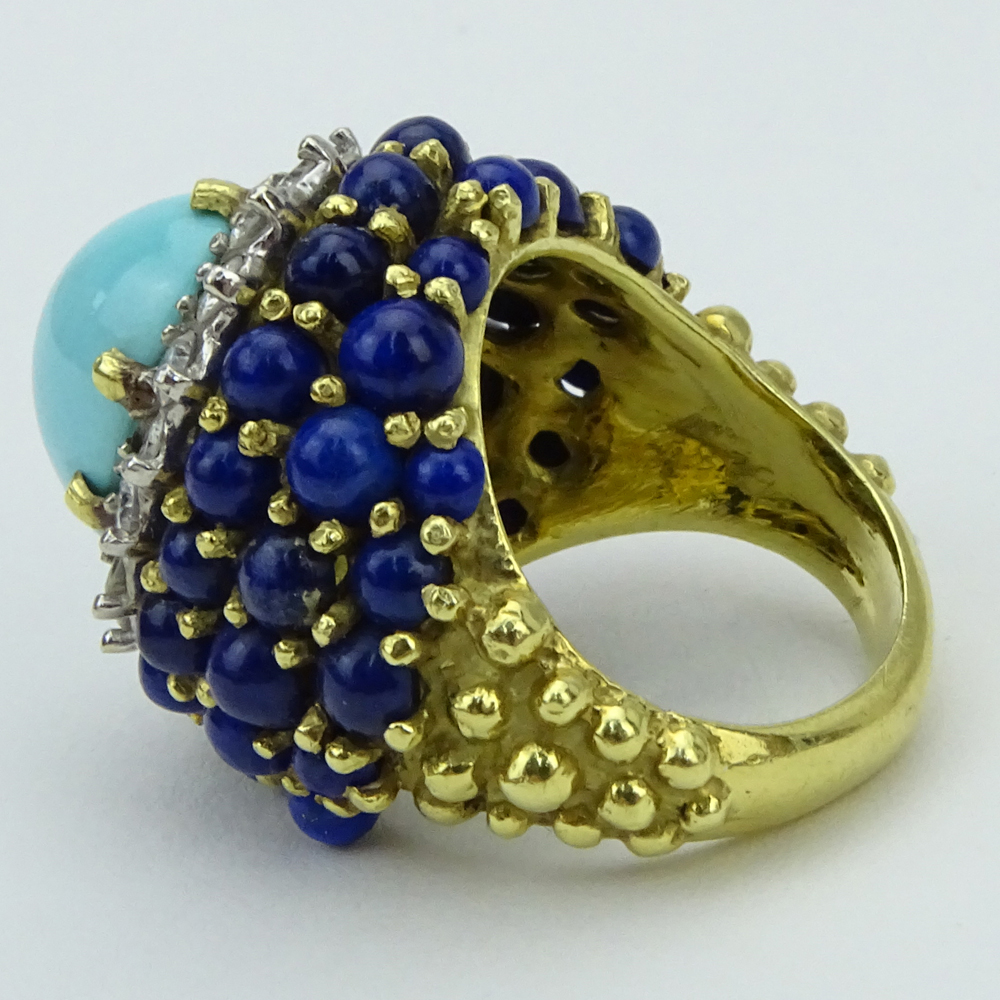 1.15 Carat Round Brilliant Cut Diamond, Persian Turquoise, Lapis Lazuli and 18 Karat Yellow Gold Ring. 
