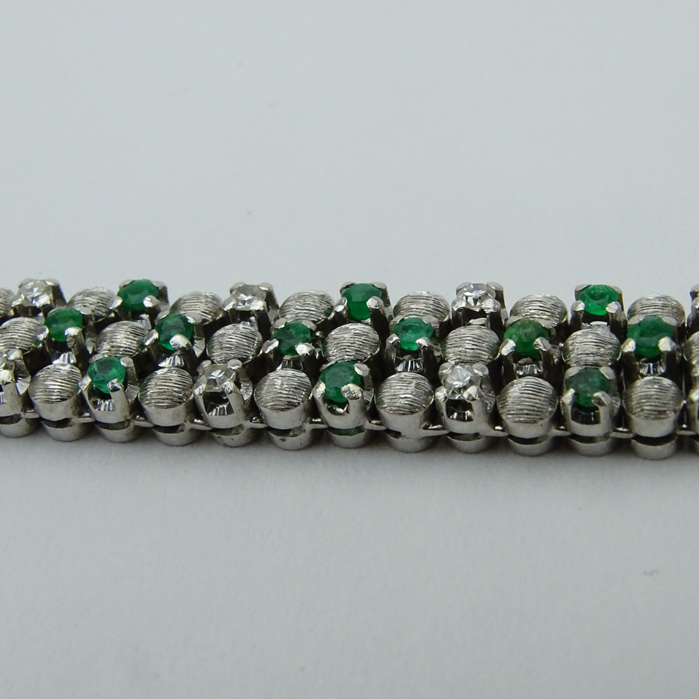 3.0 Carat Round Cut Emerald, 1.25 carat Single Cut Diamond and 18 Karat White Gold Bracelet. 