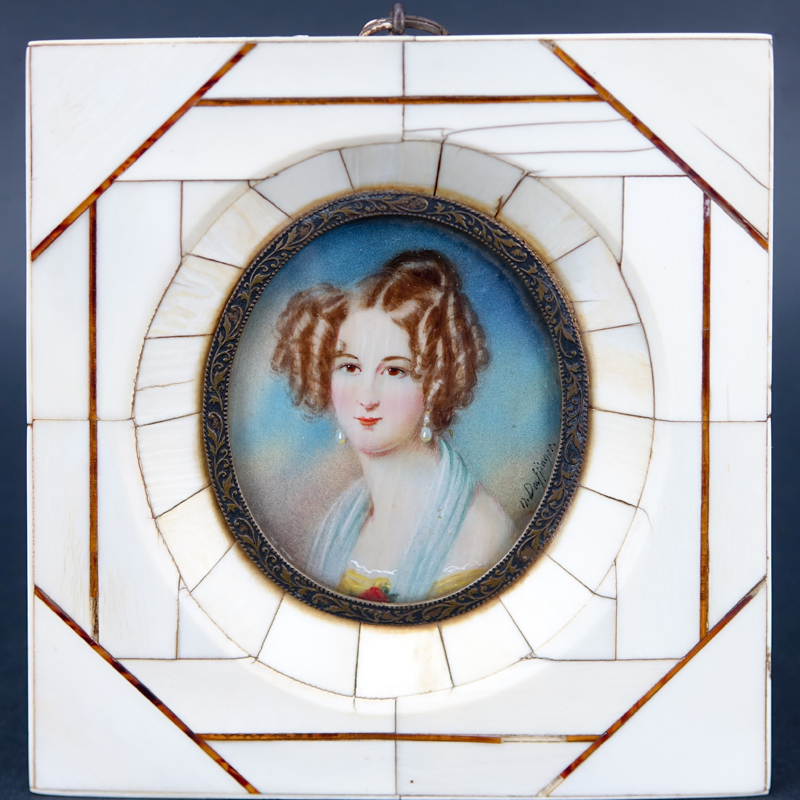 After: Moritz Michael Daffinger, Austrian (1790 - 1849)  Antique Miniature Portrait of the Princess of Liechtenstein, Painted on Ivory and in Ivory Frame with Tortoise Shell Accents