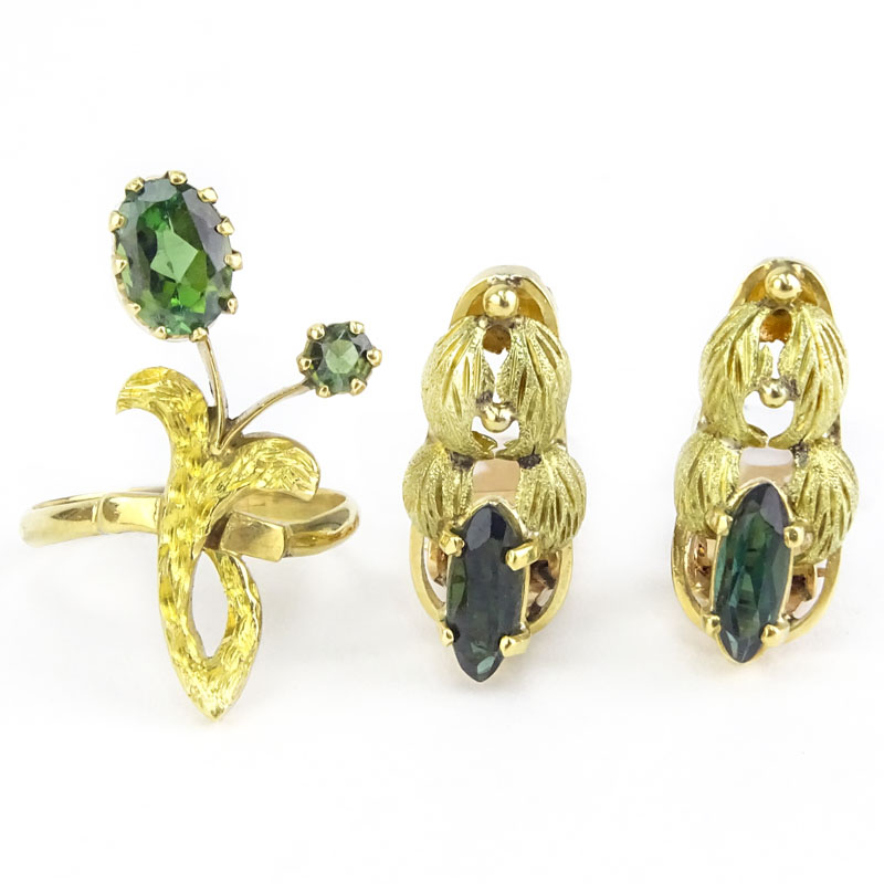 Vintage Green Tourmaline and 18 Karat Yellow Gold Earring and Ring Suite